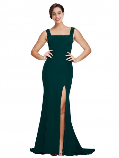 Stretch Crepe Sweep Train Square Neck Midnight Green Sheath Semi Formal Evening Dress / Prom Dress / Bridesmaid Dress Sudbury