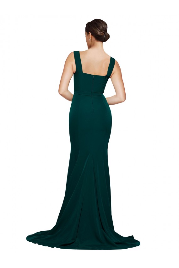 Stretch Crepe Sweep Train Square Neck Midnight Green Sheath Semi Formal Evening Dress / Prom Dress / Bridesmaid Dress Sudbury