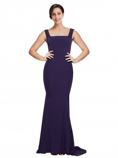 Stretch Crepe Sweep Train Square Neck Dark Navy Sheath Semi Formal Evening Dress / Prom Dress / Bridesmaid Dress Sudbury