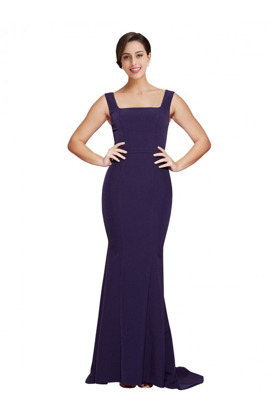 Stretch Crepe Sweep Train Square Neck Dark Navy Sheath Semi Formal Evening Dress / Prom Dress / Bridesmaid Dress Sudbury