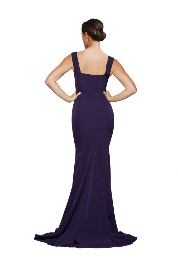 Stretch Crepe Sweep Train Square Neck Dark Navy Sheath Semi Formal Evening Dress / Prom Dress / Bridesmaid Dress Sudbury