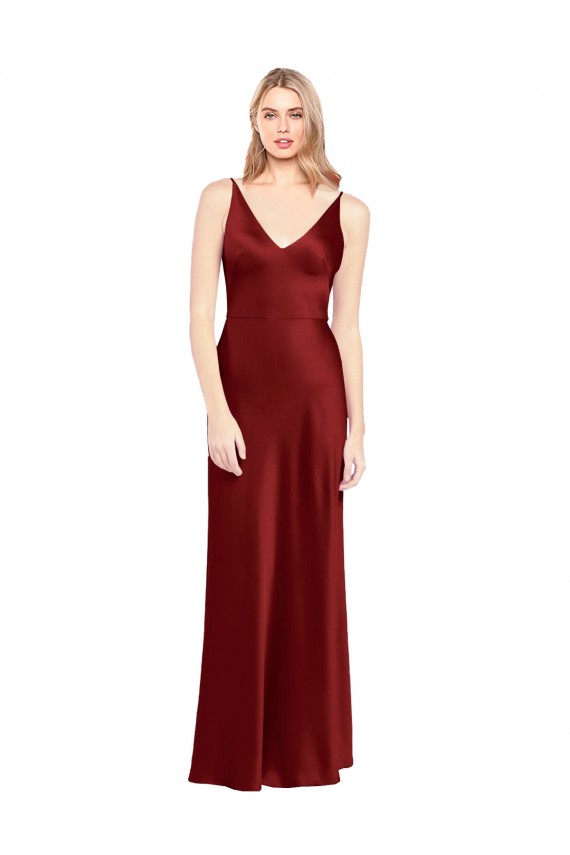 Stretch Satin V-Back Long Spaghetti Straps A-Line Formal Evening Gown / Prom Dress / Bridesmaid Dress Sudbury