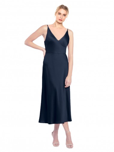 Stretch Satin V-Back Midi Length V-Neck A-Line Formal Evening Gown / Prom Dress / Bridesmaid Dress Sudbury