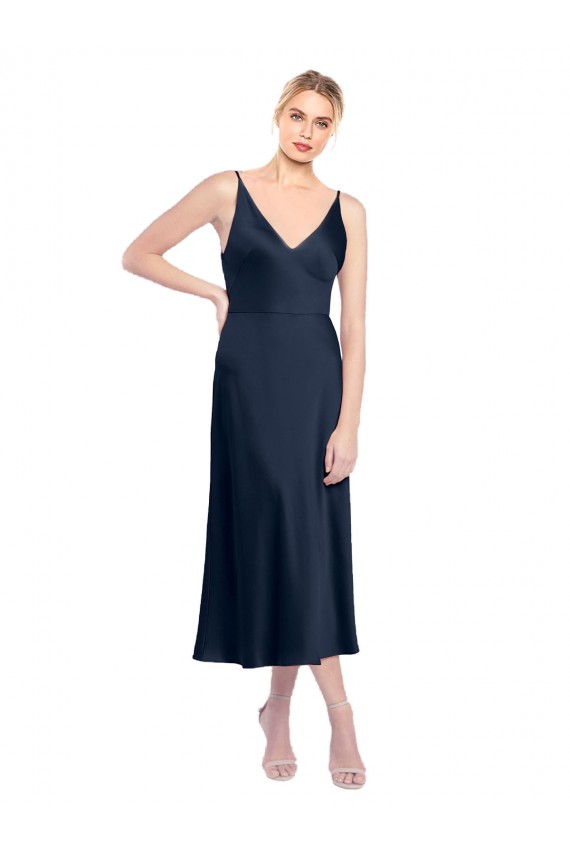 Stretch Satin V-Back Midi Length V-Neck A-Line Formal Evening Gown / Prom Dress / Bridesmaid Dress Sudbury