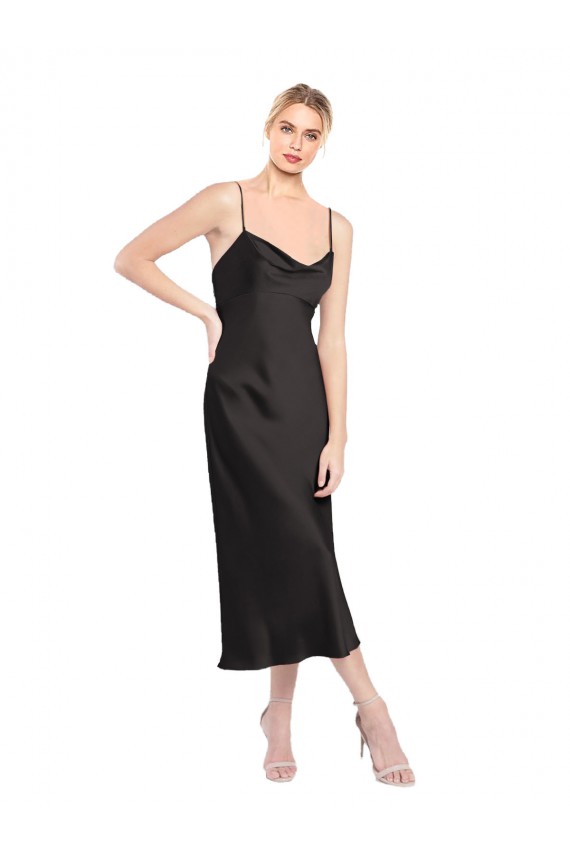 Stretch Satin Low Back Midi Length Spaghetti Straps A-Line Formal Evening Gown / Prom Dress / Bridesmaid Dress Sudbury