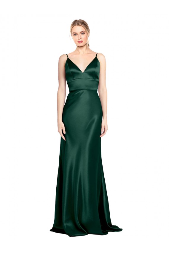 Stretch Satin V-Back Long Spaghetti Straps Sheath Formal Evening Gown / Prom Dress / Bridesmaid Dress Sudbury