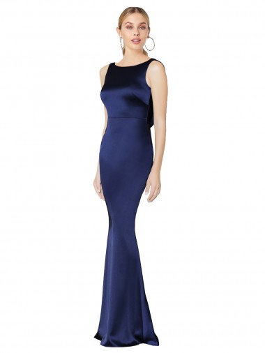 Stretch Satin Low Back Long Halter Neck Dark Navy Sheath Formal Evening Gown / Prom Dress / Bridesmaid Dress Sudbury