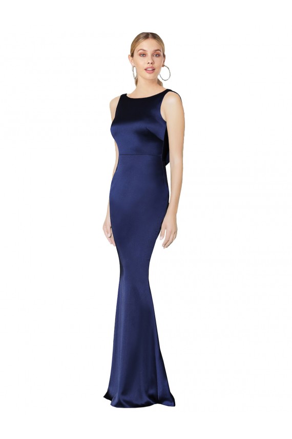 Stretch Satin Low Back Long Halter Neck Dark Navy Sheath Formal Evening Gown / Prom Dress / Bridesmaid Dress Sudbury