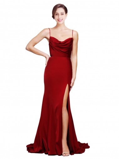 Stretch Satin Criss Cross Back Sweep Train Spaghetti Straps Sheath Black Tie Evening Gown / Prom Dress / Bridesmaid Dress Sudbury