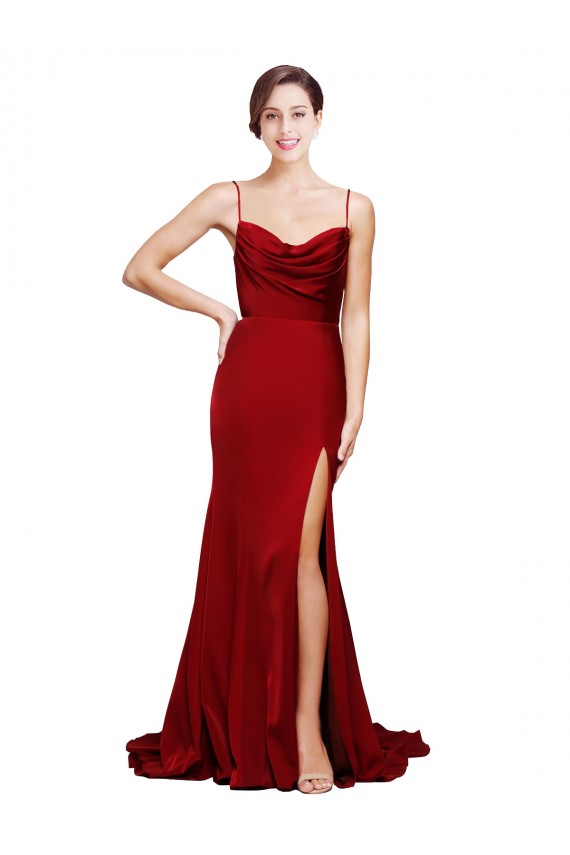 Stretch Satin Criss Cross Back Sweep Train Spaghetti Straps Sheath Black Tie Evening Gown / Prom Dress / Bridesmaid Dress Sudbury