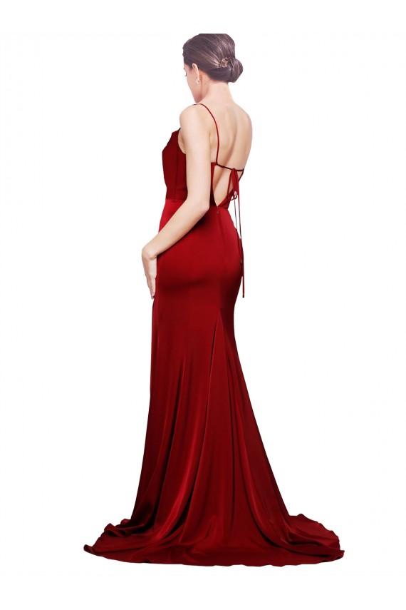 Stretch Satin Criss Cross Back Sweep Train Spaghetti Straps Sheath Black Tie Evening Gown / Prom Dress / Bridesmaid Dress Sudbury