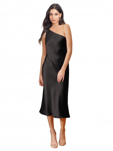 Stretch Satin Midi Length One Shoulder Sheath Black Tie Evening Dress / Prom Dress / Bridesmaid Dress Sudbury