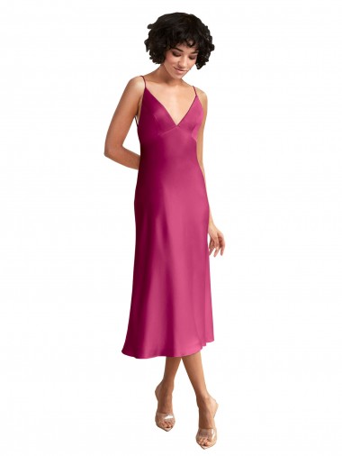 Stretch Satin Low Back Midi Length V-Neck A-Line Formal Evening Gown / Prom Dress / Bridesmaid Dress Sudbury