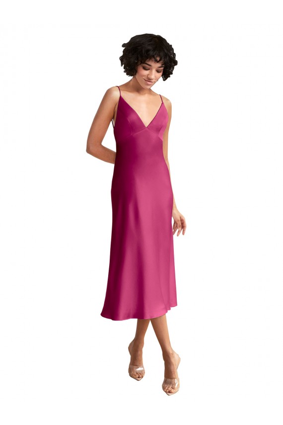 Stretch Satin Low Back Midi Length V-Neck A-Line Formal Evening Gown / Prom Dress / Bridesmaid Dress Sudbury