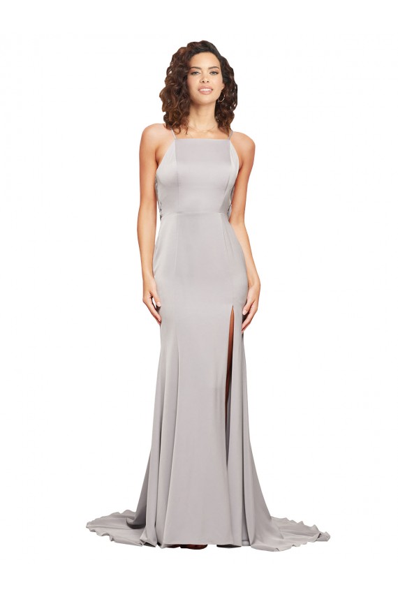 Stretch Satin Low Back Sweep Train High Neck A-Line Formal Evening Gown / Prom Dress / Bridesmaid Dress Sudbury
