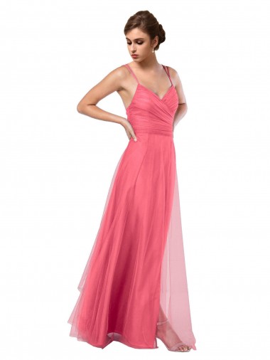 Tulle V-Back Long Spaghetti Straps Watermelon A-Line Bridesmaid Dress Sudbury