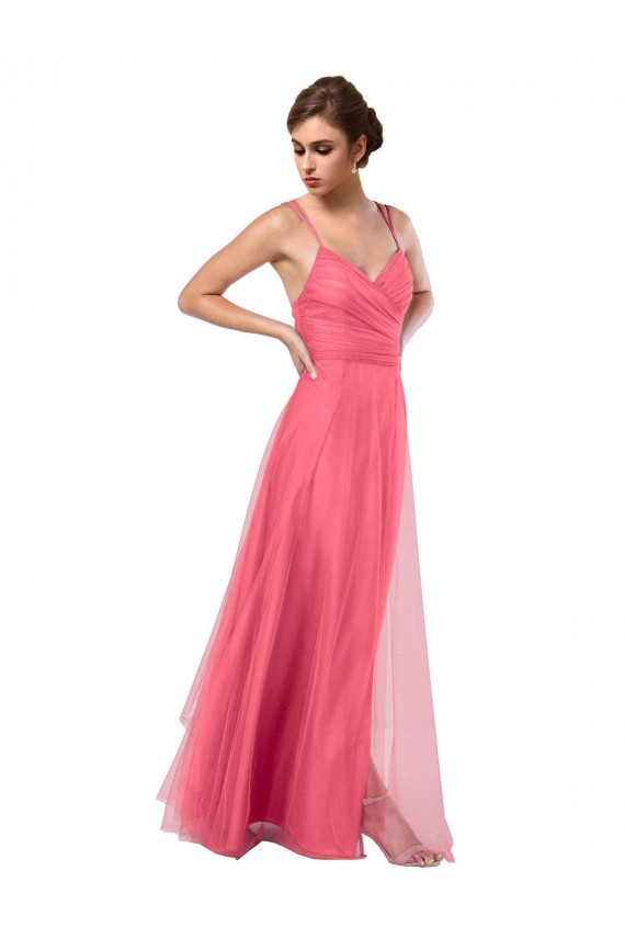 Tulle V-Back Long Spaghetti Straps Watermelon A-Line Bridesmaid Dress Sudbury