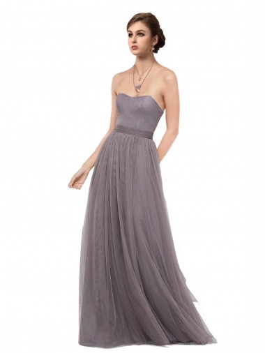 Tulle V-Back Long Spaghetti Straps Pewter A-Line Bridesmaid Dress Sudbury