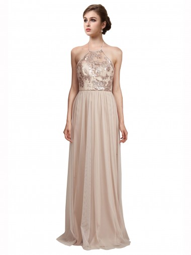 Tulle Long Halter Neck Nude A-Line Bridesmaid Dress Sudbury