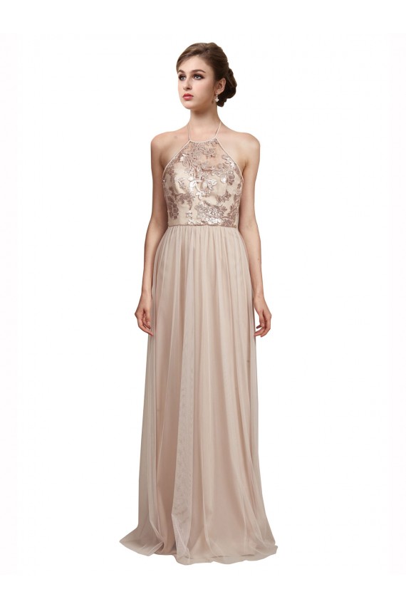 Tulle Long Halter Neck Nude A-Line Bridesmaid Dress Sudbury