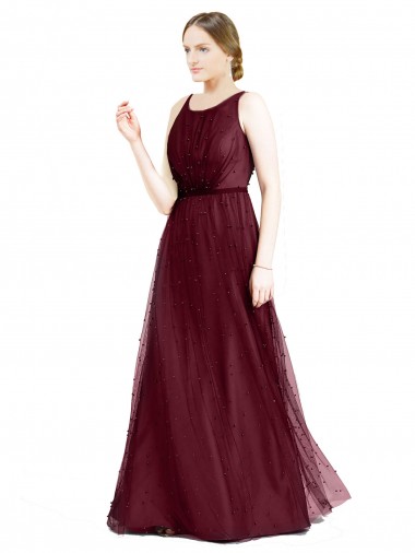 Tulle Keyhole Back Long Boat Neck A-Line Semi Formal Evening Dress / Bridesmaid Dress Sudbury