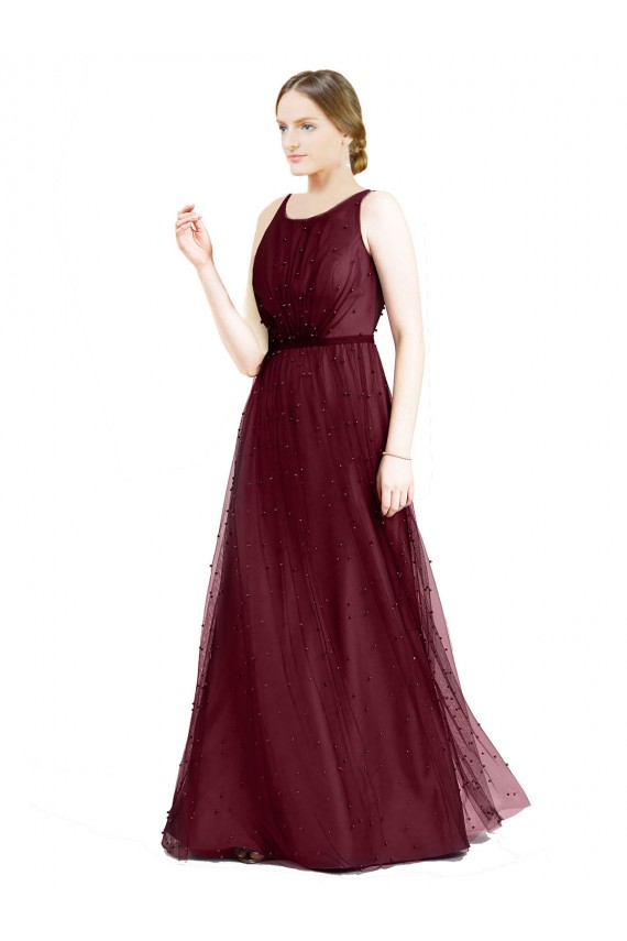 Tulle Keyhole Back Long Boat Neck A-Line Semi Formal Evening Dress / Bridesmaid Dress Sudbury