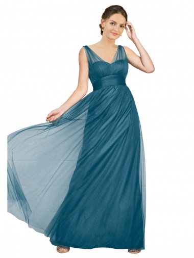 Tulle V-Back Long V-Neck Teal Green A-Line Bridesmaid Dress Sudbury
