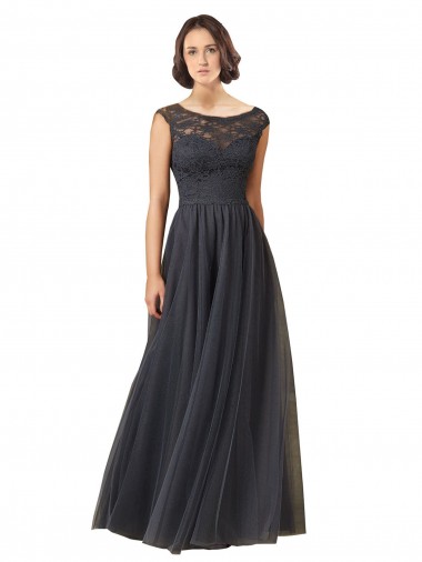 Tulle & Lace Long Bateau Neck Slate Grey A-Line Bridesmaid Dress Sudbury