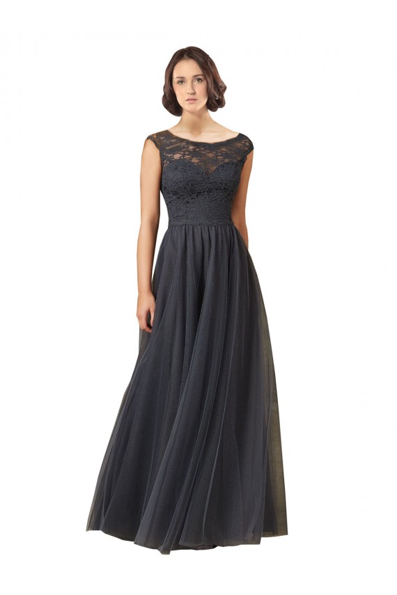 Tulle & Lace Long Bateau Neck Slate Grey A-Line Bridesmaid Dress Sudbury