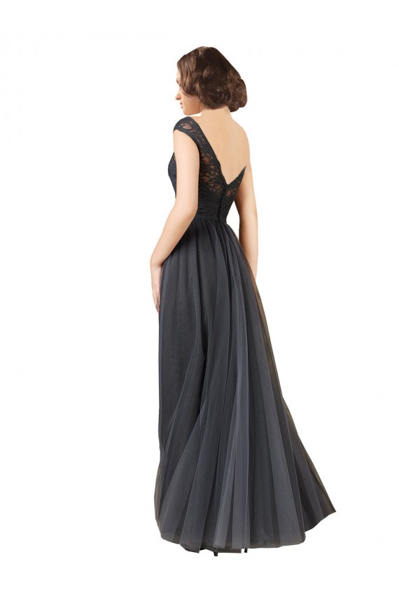 Tulle & Lace Long Bateau Neck Slate Grey A-Line Bridesmaid Dress Sudbury
