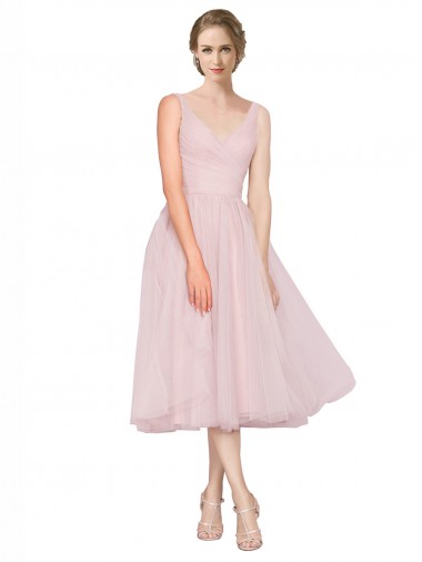 Tulle V-Back Tea Length V-Neck A-Line Bridesmaid Dress Sudbury