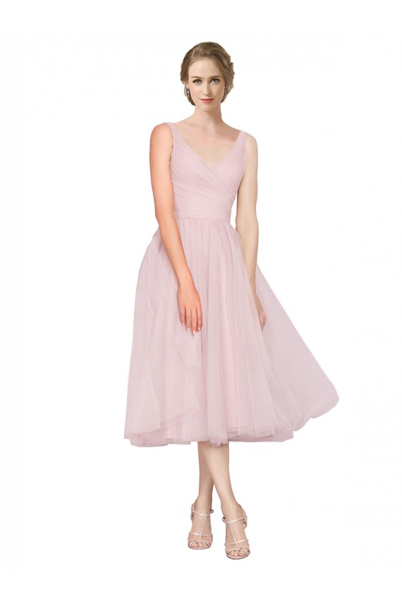 Tulle V-Back Tea Length V-Neck A-Line Bridesmaid Dress Sudbury