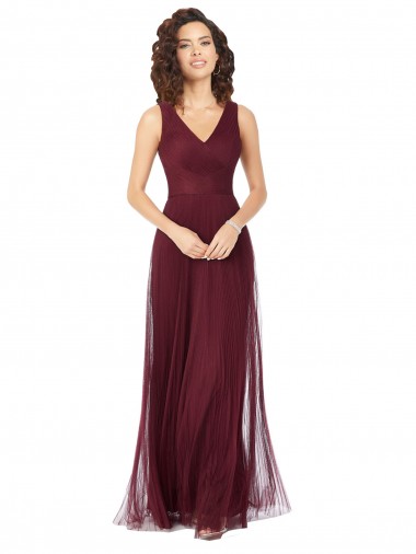 Tulle Long V-Neck Burgundy Gold A-Line Bridesmaid Dress Sudbury