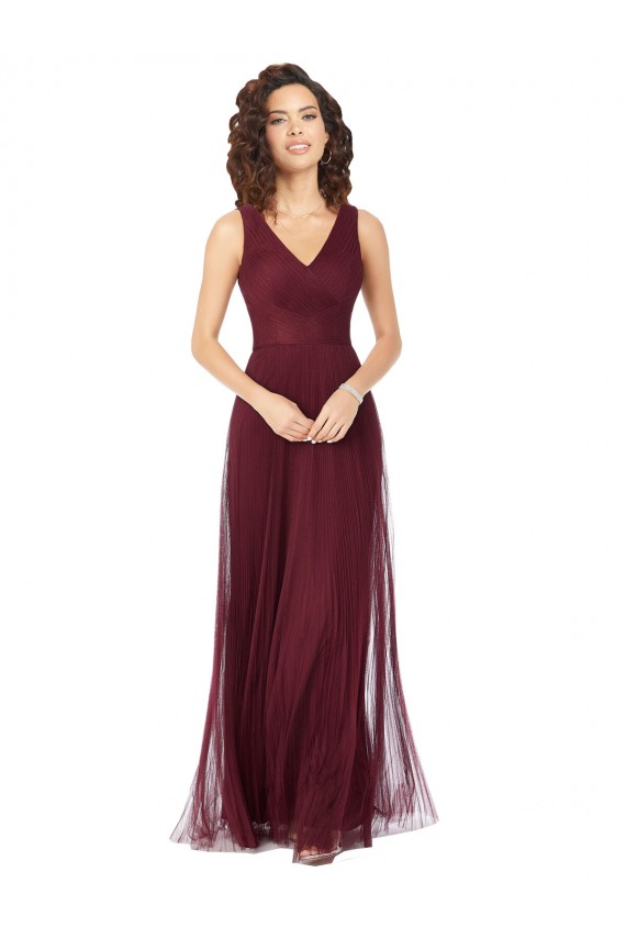 Tulle Long V-Neck Burgundy Gold A-Line Bridesmaid Dress Sudbury
