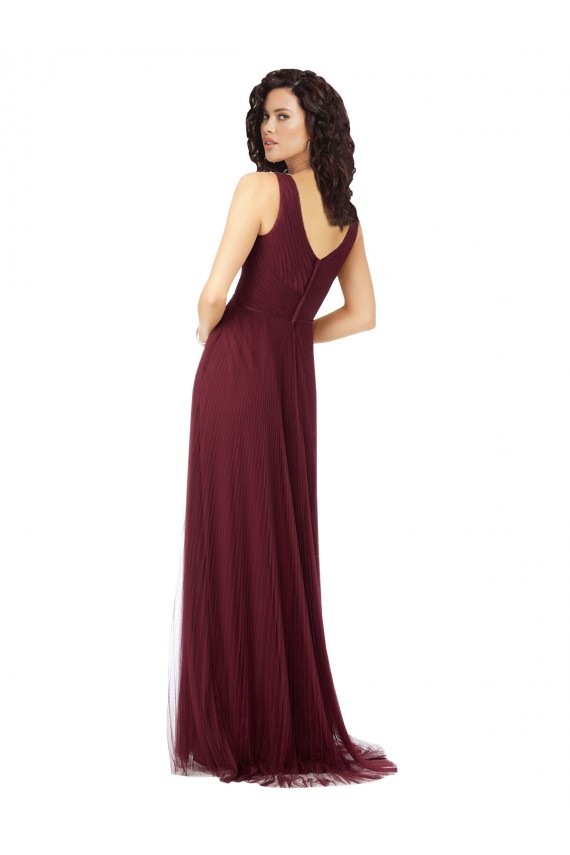 Tulle Long V-Neck Burgundy Gold A-Line Bridesmaid Dress Sudbury