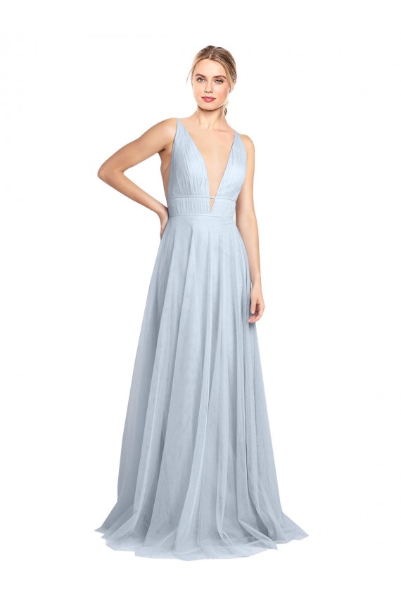 Tulle V-Back Long Floor Length Spaghetti Straps A-Line Bridesmaid Dress Sudbury