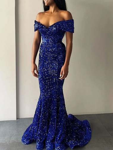 Velvet Sequin Sweep Train Off the Shoulder Mermaid Prom Dresses Sudbury