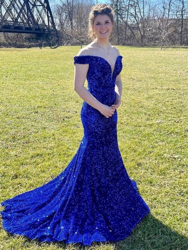 Velvet Sequin Sweep Train Off the Shoulder Sheath Prom Dress Sudbury