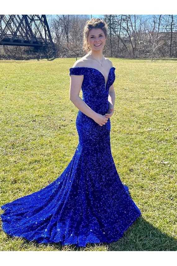 Velvet Sequin Sweep Train Off the Shoulder Sheath Prom Dress Sudbury