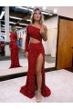 Velvet Sequin Long Sleeves One Shoulder Burgundy Mermaid Evening Dress Sudbury
