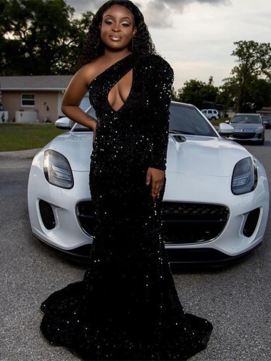 Velvet Sequin Long Sleeves One Shoulder Black Sheath Prom Dress Sudbury