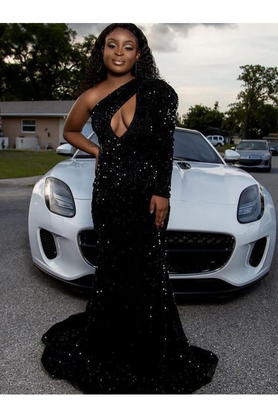 Velvet Sequin Long Sleeves One Shoulder Black Sheath Prom Dress Sudbury