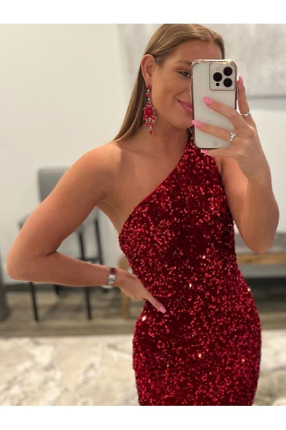 Velvet Sequin Sweep Train One Shoulder Sheath Prom Dress Sudbury
