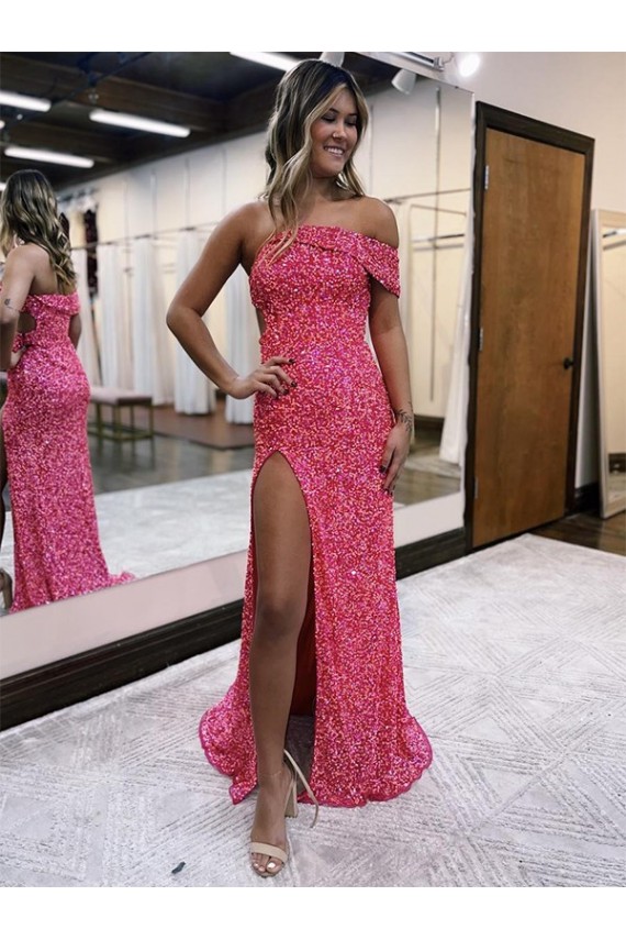 Velvet Sequin Sweep Train One Shoulder Sheath Evening Gown Sudbury
