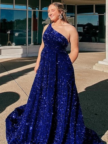 Velvet Sequin Sweep Train One Shoulder A-Line Prom Dress / Evening Gown Sudbury