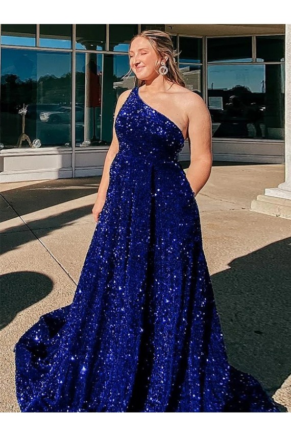 Velvet Sequin Sweep Train One Shoulder A-Line Prom Dress / Evening Gown Sudbury