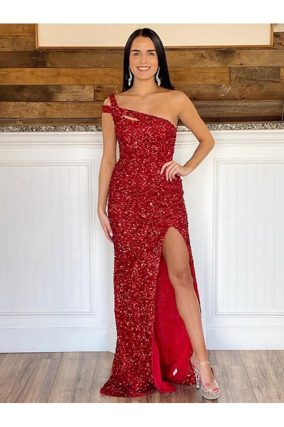 Velvet Sequin Sweep Train One Shoulder Sheath Prom Dress Sudbury