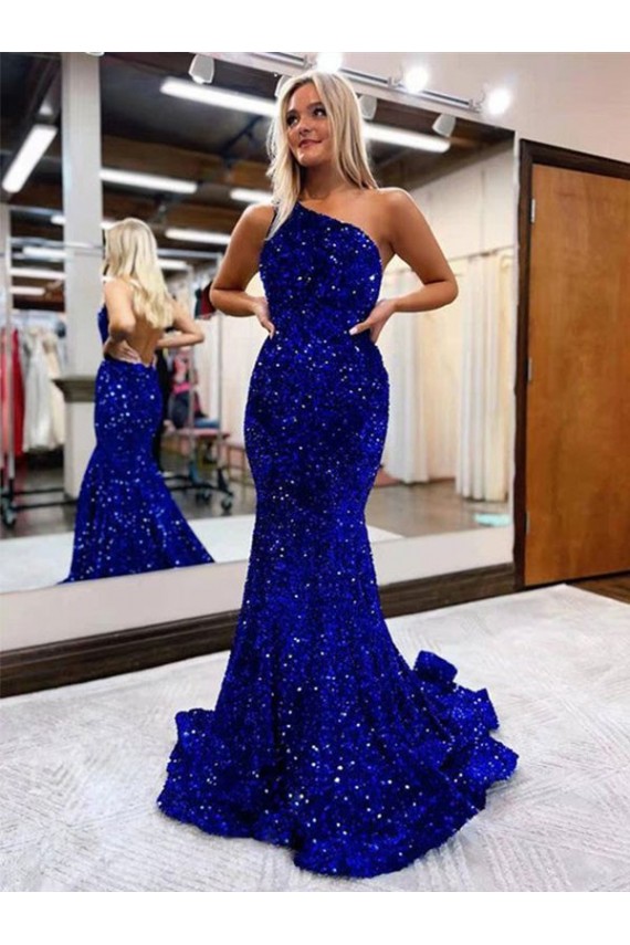 Velvet Sequin Sweep Train One Shoulder Mermaid Prom Dress Sudbury