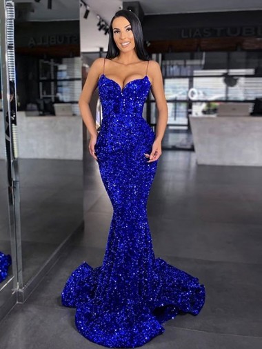 Velvet Sequin Sweep Train Spaghetti Straps Mermaid Evening Gown / Prom Dress Sudbury