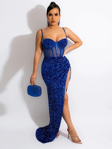 Velvet Sequin Sleeveless Spaghetti Straps Royal Blue Sheath Evening Dress Sudbury